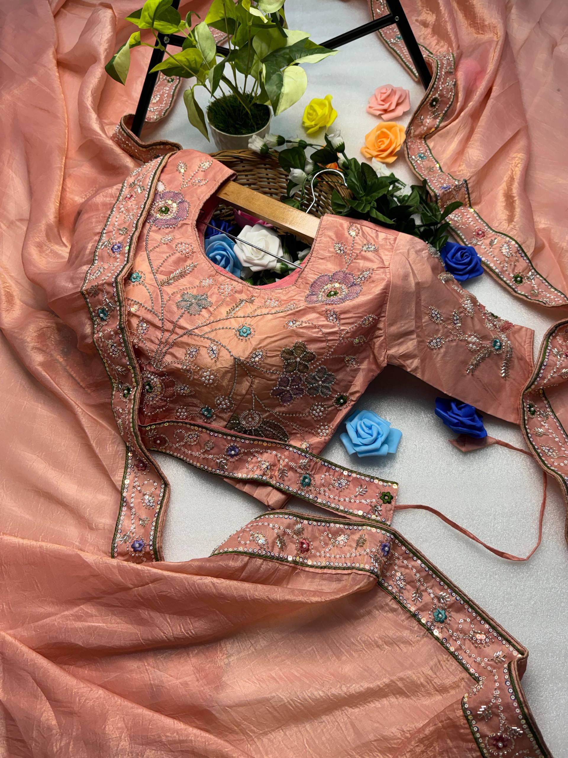 Designer Gold Crunchy Saree With Color Option