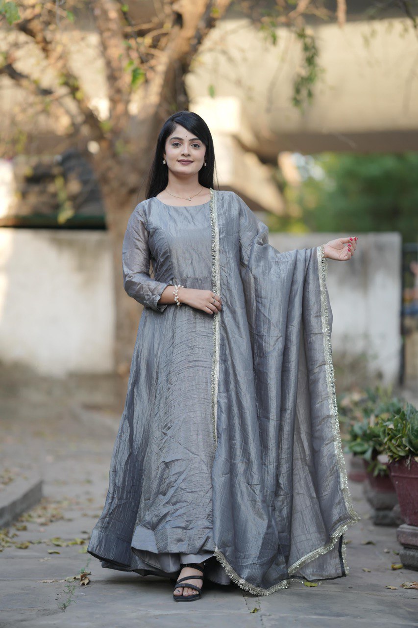 Designer Gold Crush Gown With Dupatta