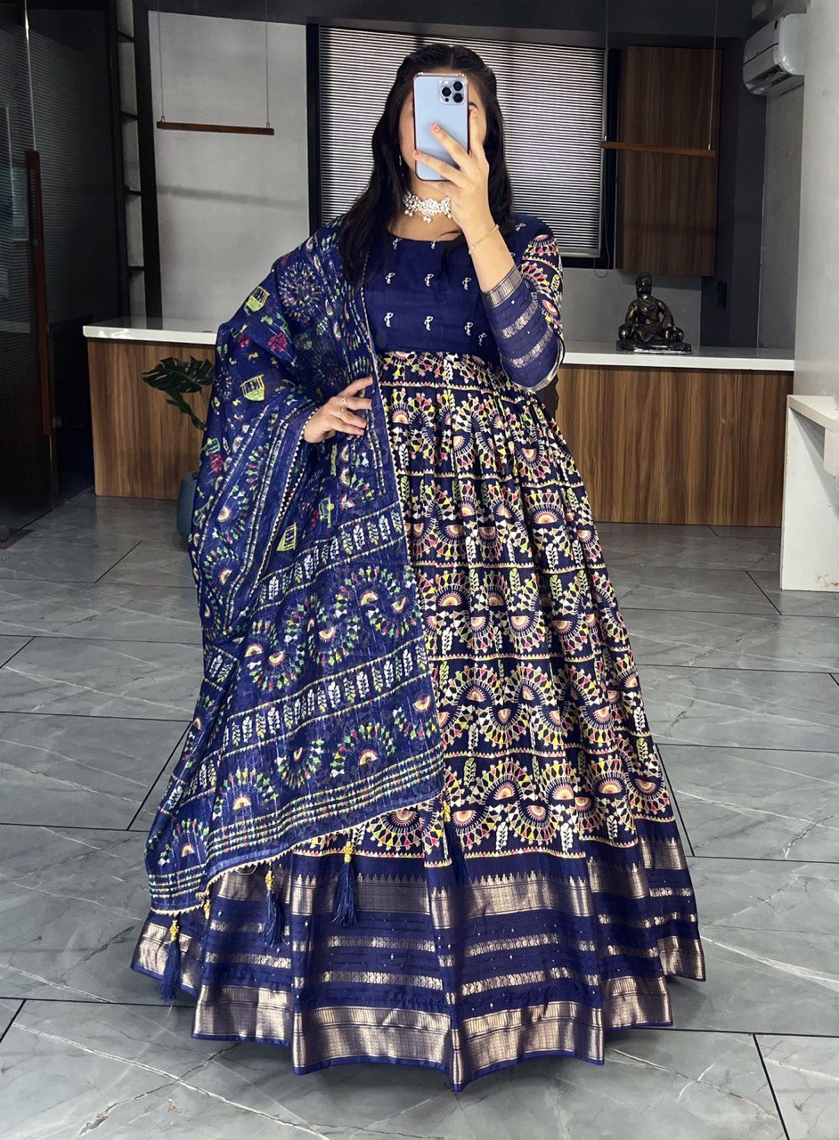 Navy Designer Long Gown Dress With Dupatta