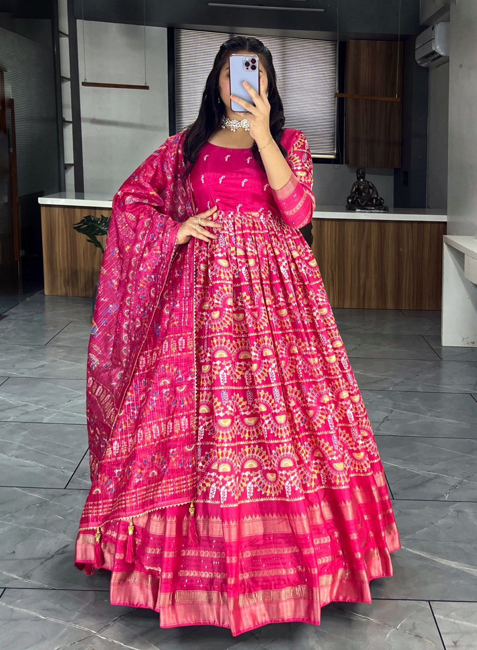 Rani Pink  Designer Long Gown Dress With Dupatta