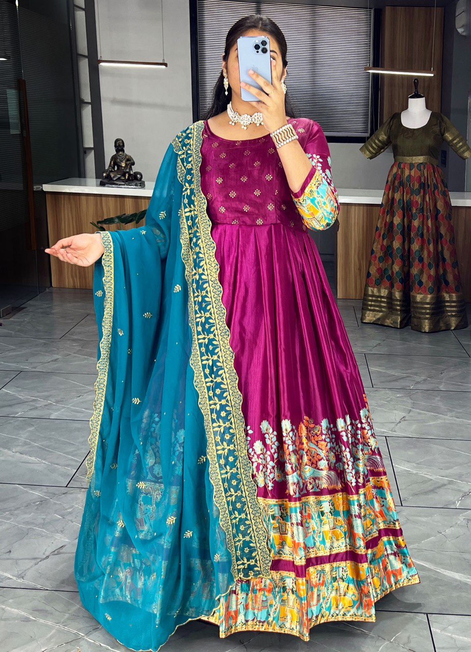Magenta Designer Long Gown Dress With Dupatta