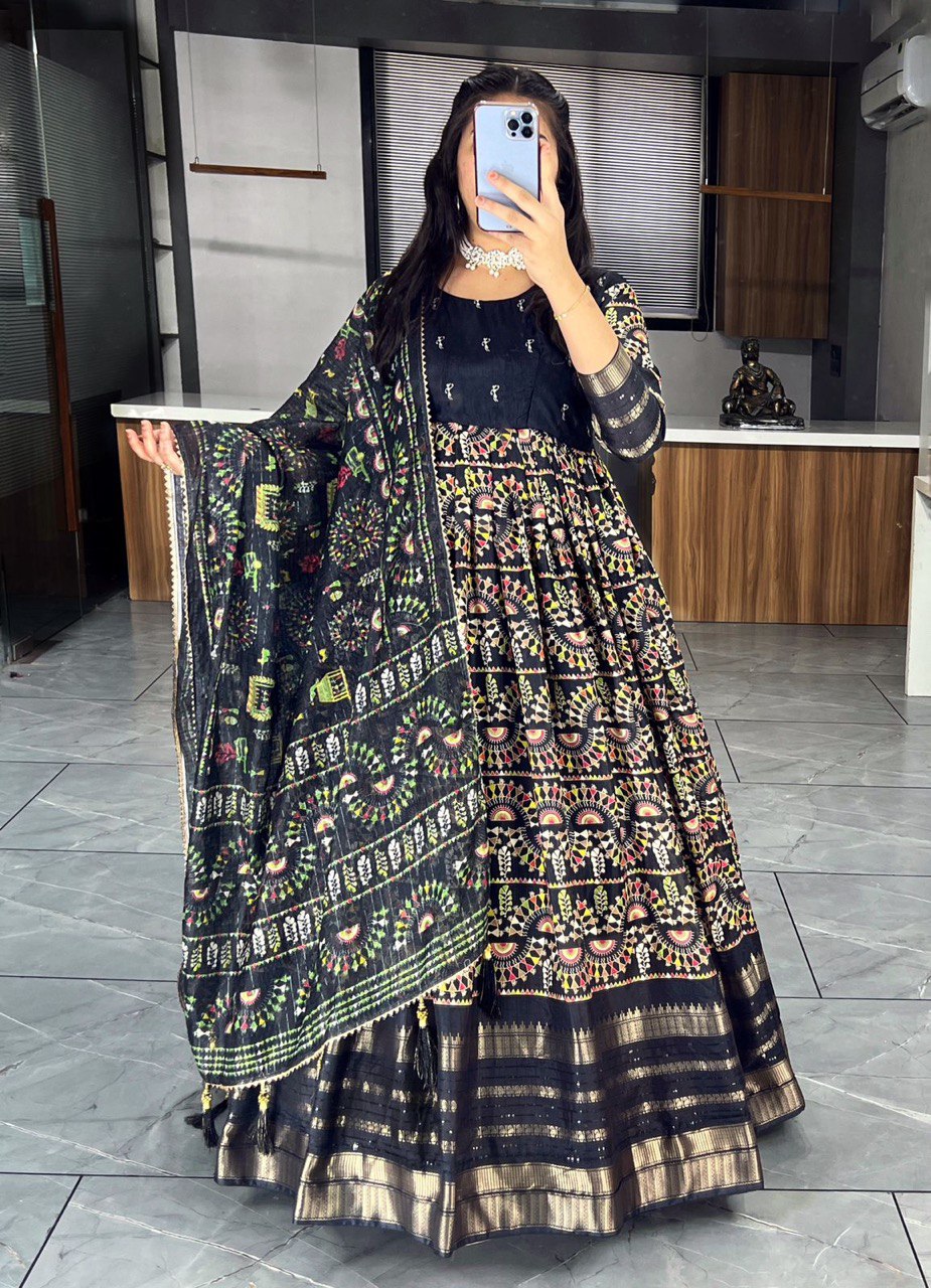 Black Designer Long Gown Dress With Dupatta