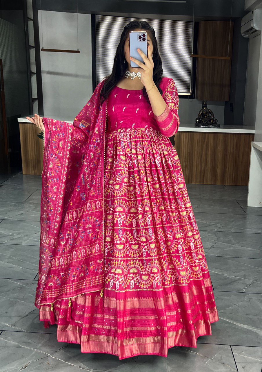 Rani Pink  Designer Long Gown Dress With Dupatta