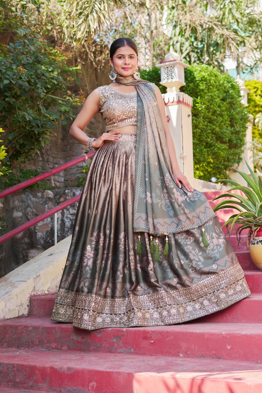 Designer Muslin Sartin Wedding Wear Lehenga