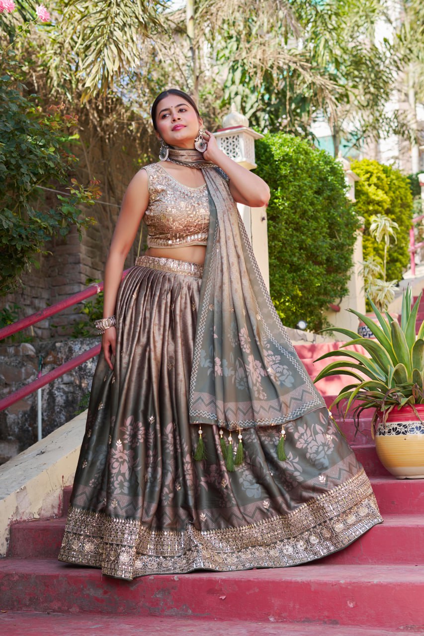 Designer Muslin Sartin Wedding Wear Lehenga