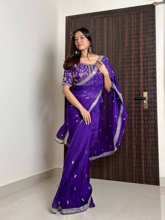 Purple Designer Organza Tabby Silk Saree