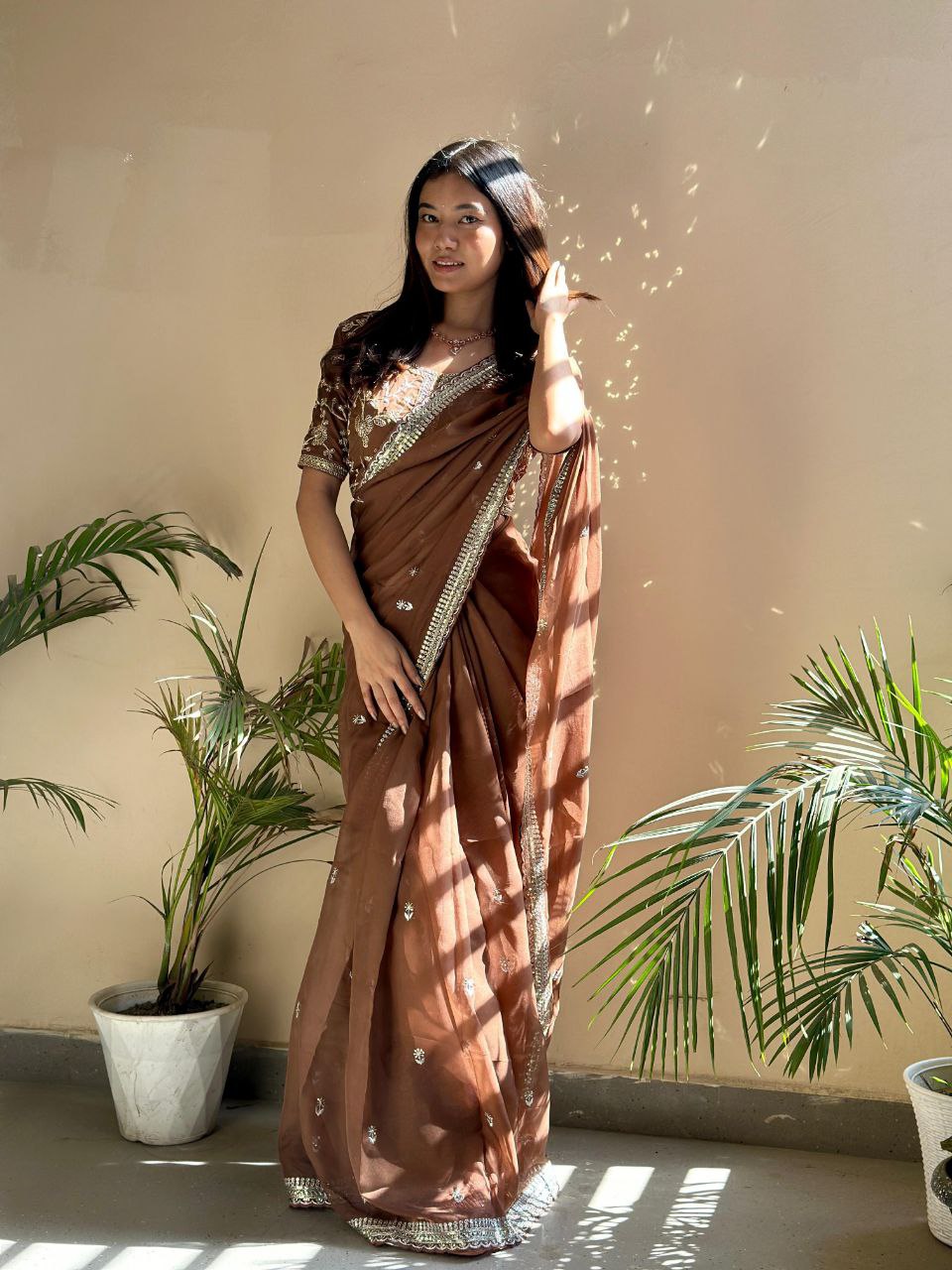 Brown Designer Organza Tabby Silk Saree