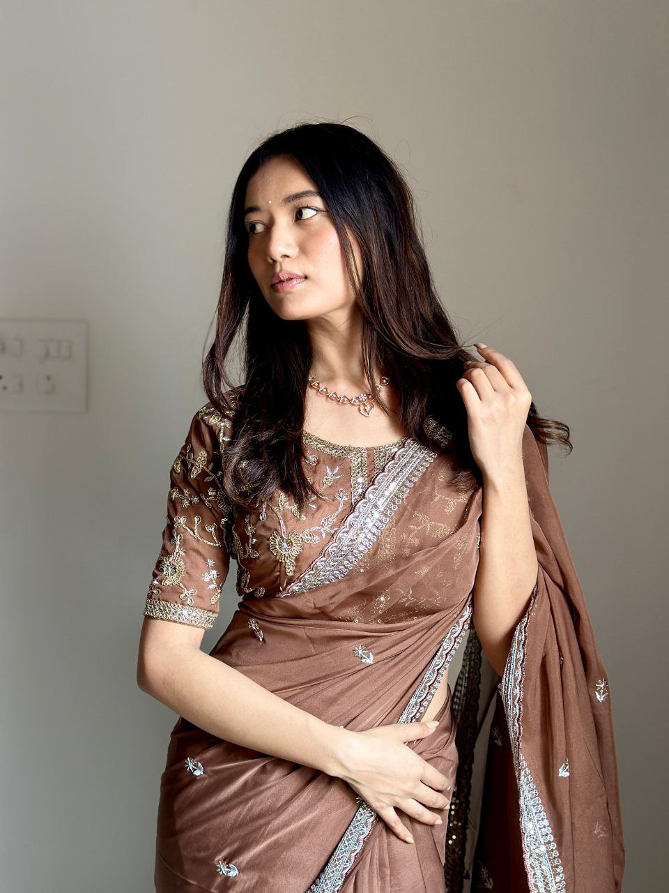 Brown Designer Organza Tabby Silk Saree