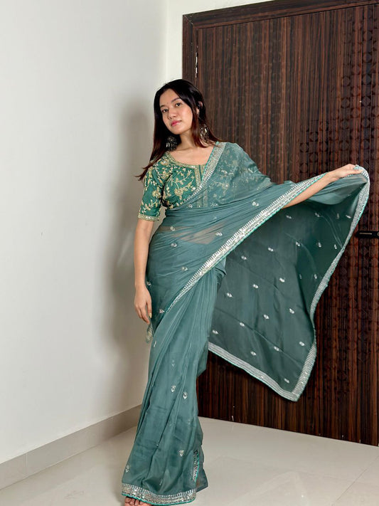 Marble Blue Designer Organza Tabby Silk Saree