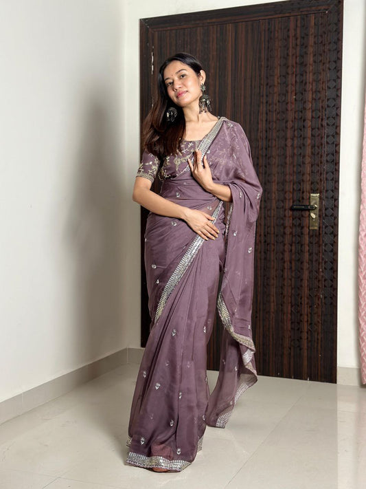 Purplish Grey Designer Organza Tabby Silk Saree