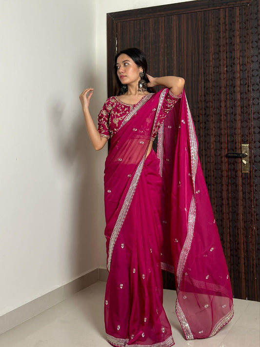 Rani Pink Designer Organza Tabby Silk Saree