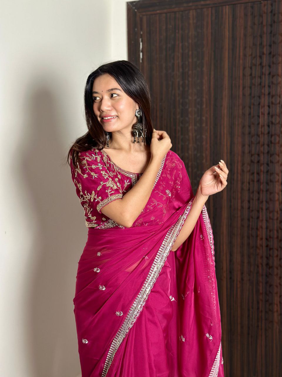 Rani Pink Designer Organza Tabby Silk Saree