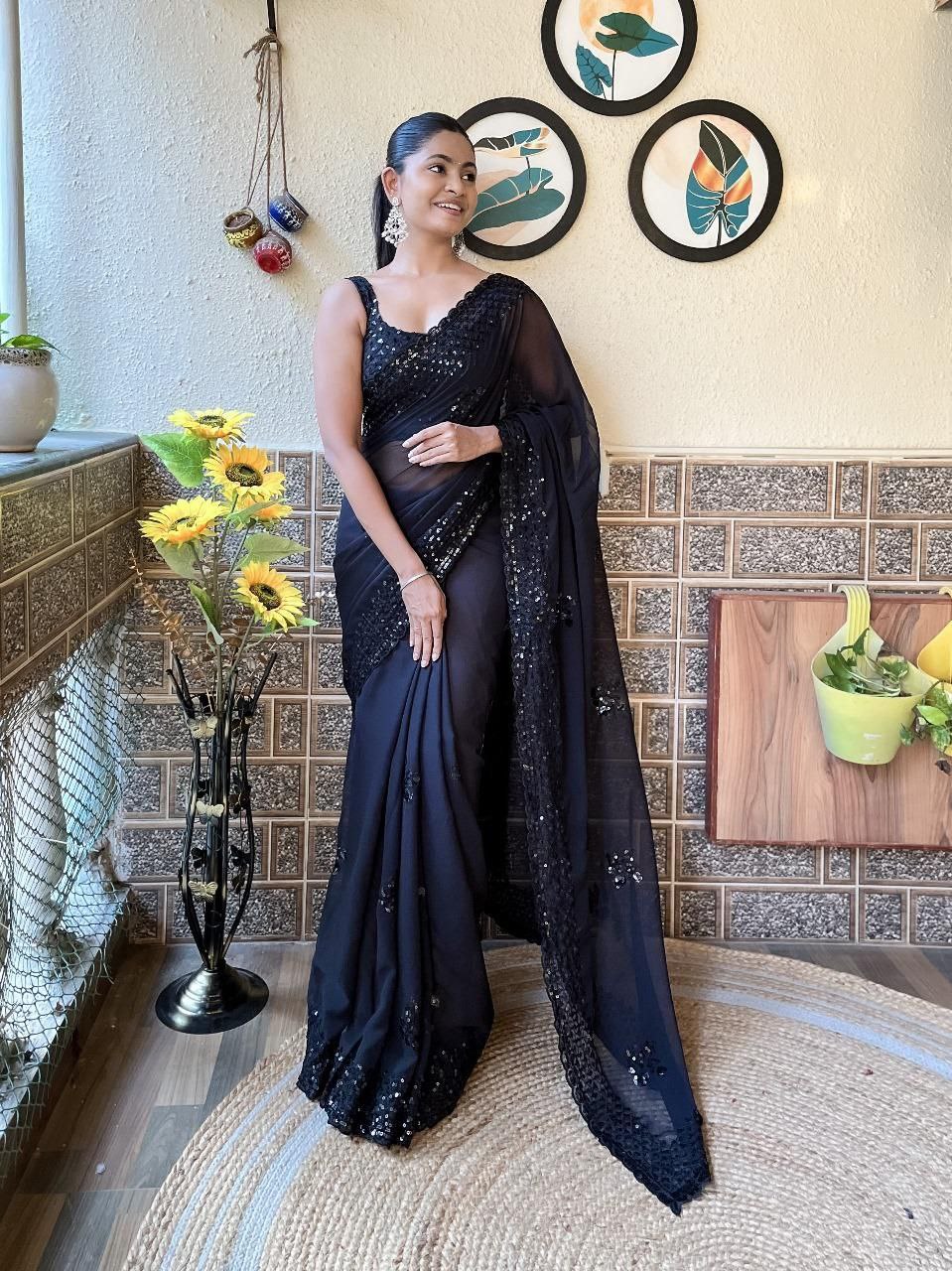 Black Designer Party Wear Georgette Saree