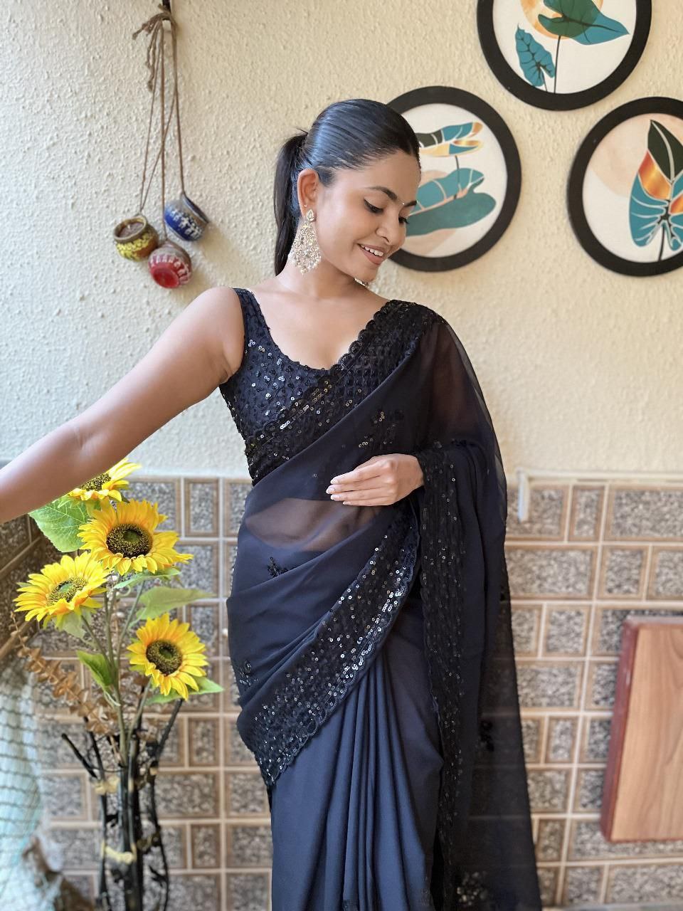 Black Designer Party Wear Georgette Saree