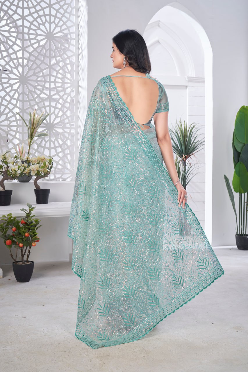 Designer Pista Colour Party Wear Tissue Net Saree