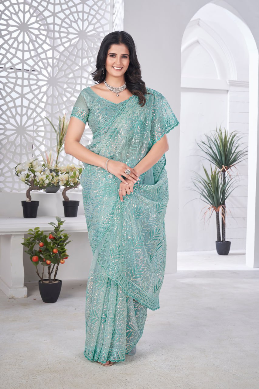 Designer Pista Colour Party Wear Tissue Net Saree