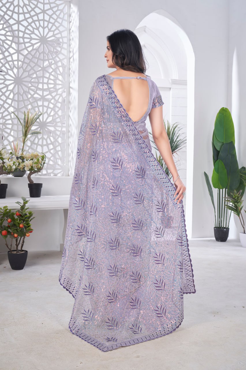 Designer Lavender Colour Party Wear Tissue Net Saree