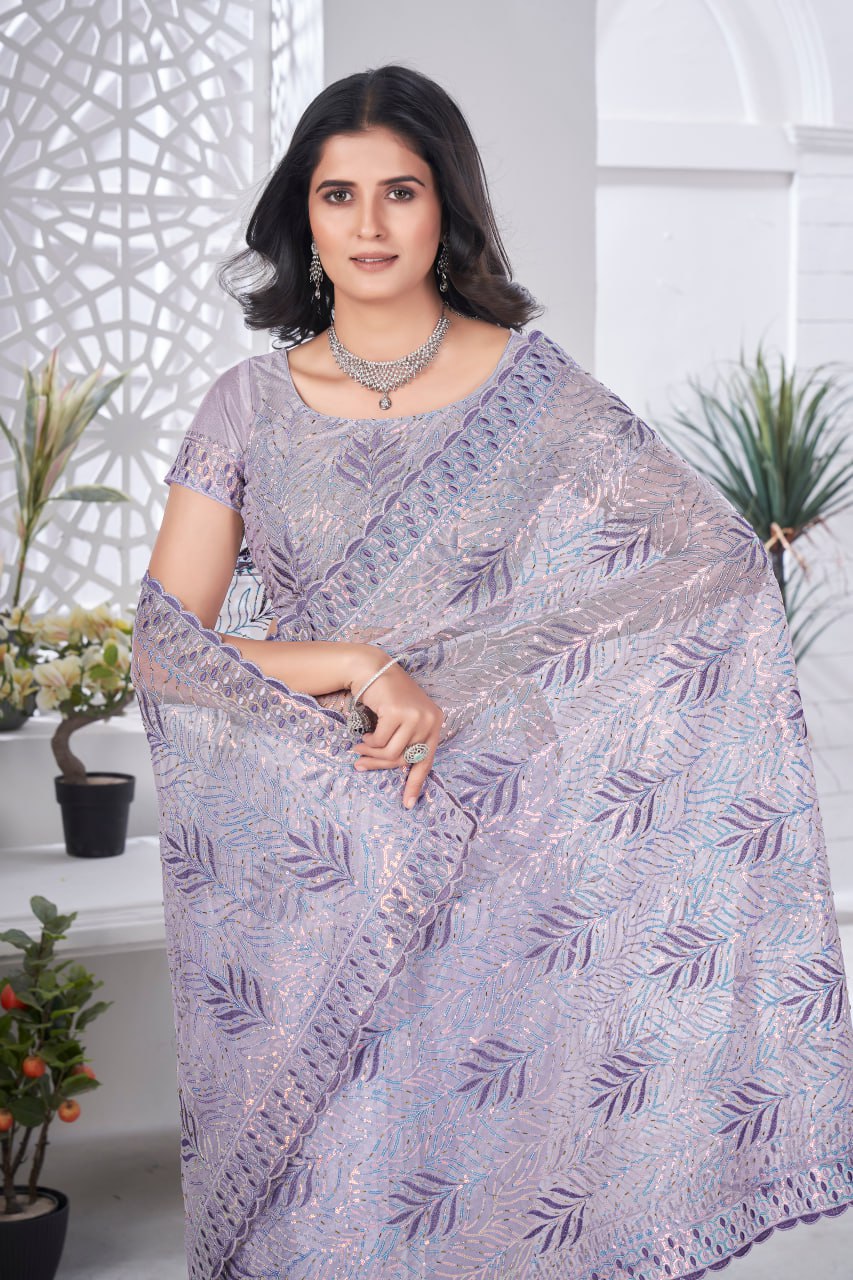 Designer Lavender Colour Party Wear Tissue Net Saree