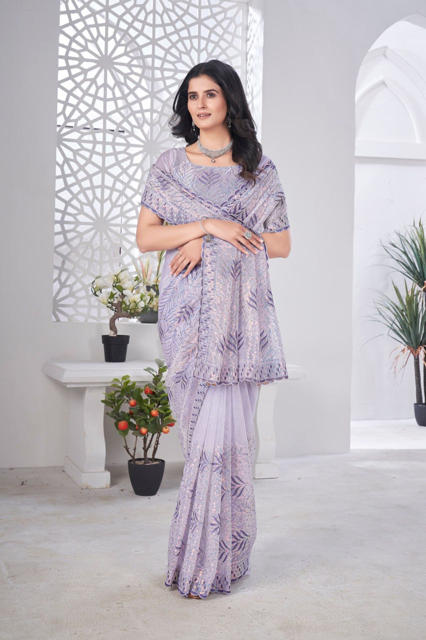 Designer Lavender Colour Party Wear Tissue Net Saree