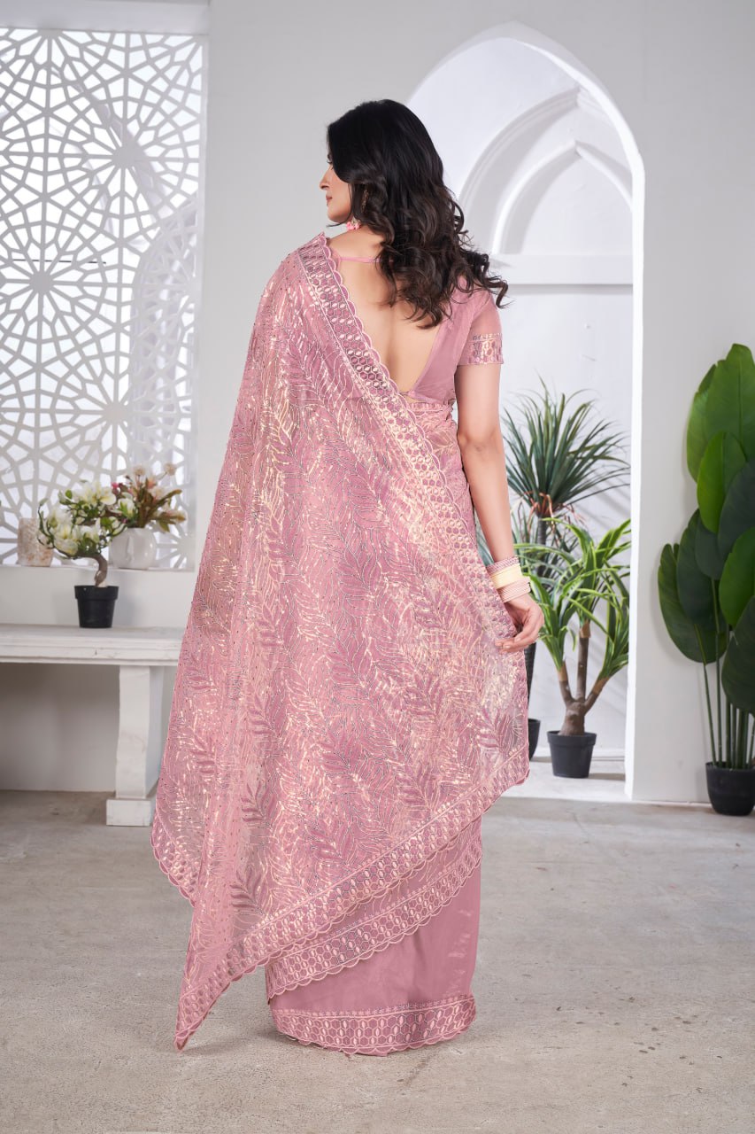 Trending Designer Pink Colour Party Wear Tissue Net Saree