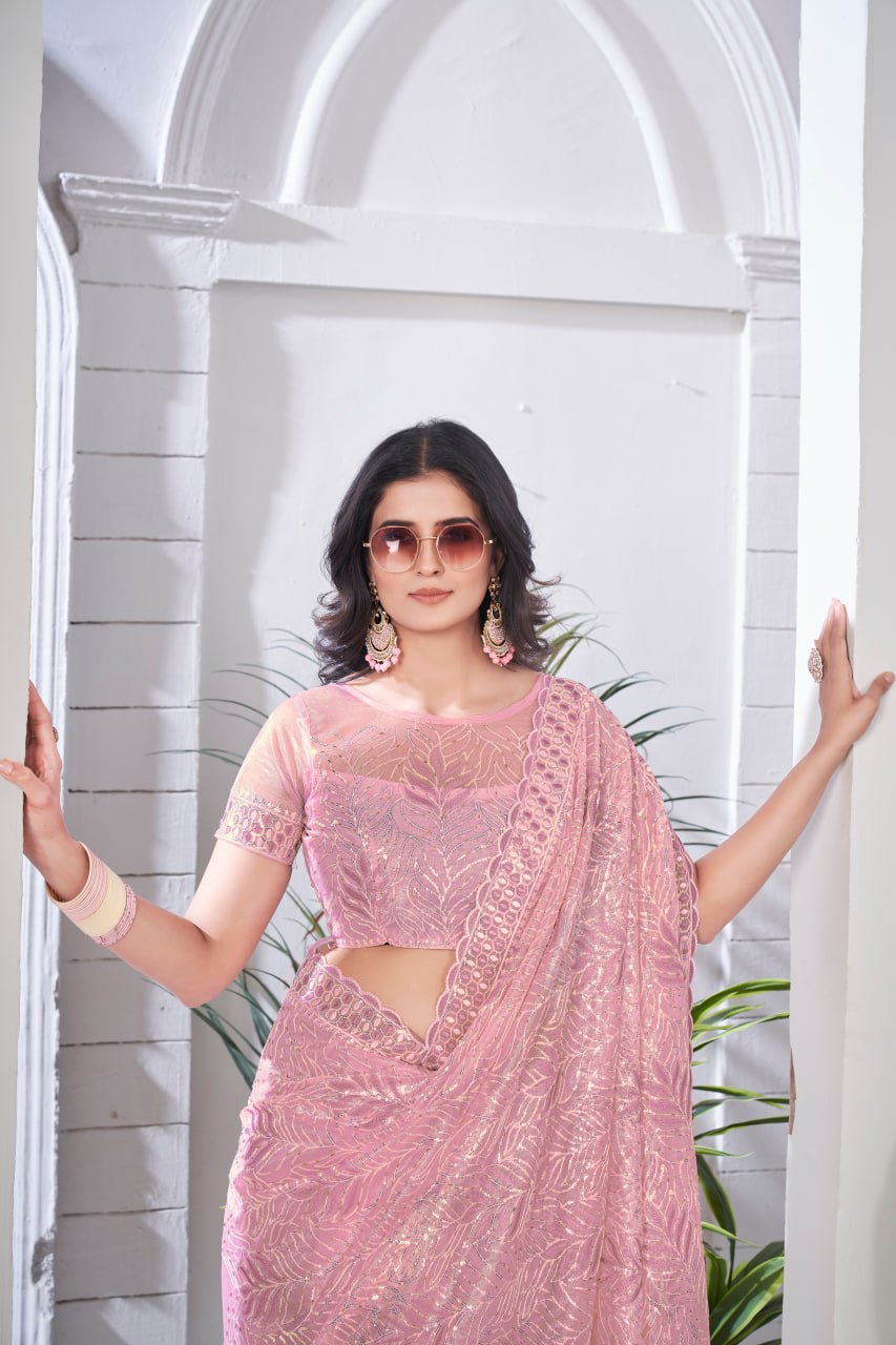 Trending Designer Pink Colour Party Wear Tissue Net Saree