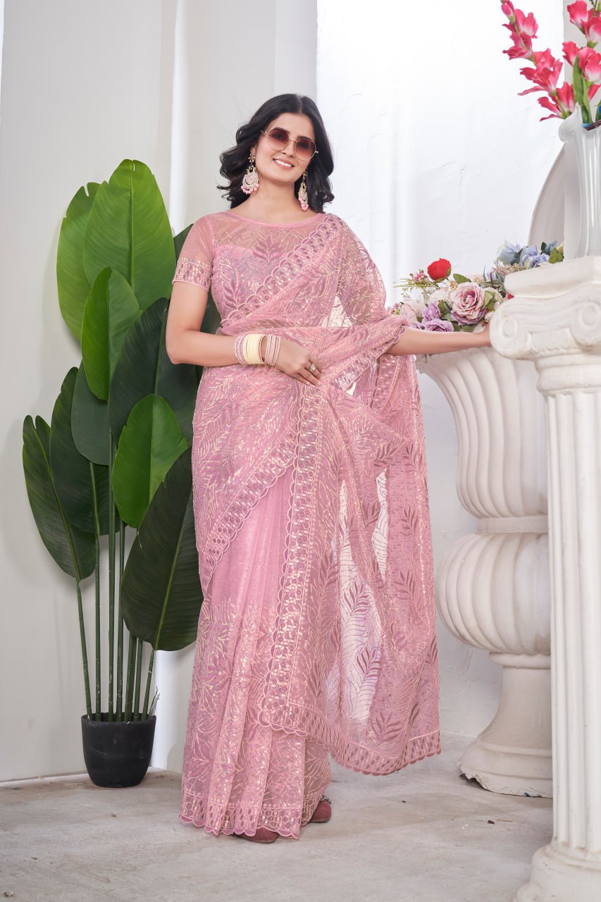 Trending Designer Pink Colour Party Wear Tissue Net Saree