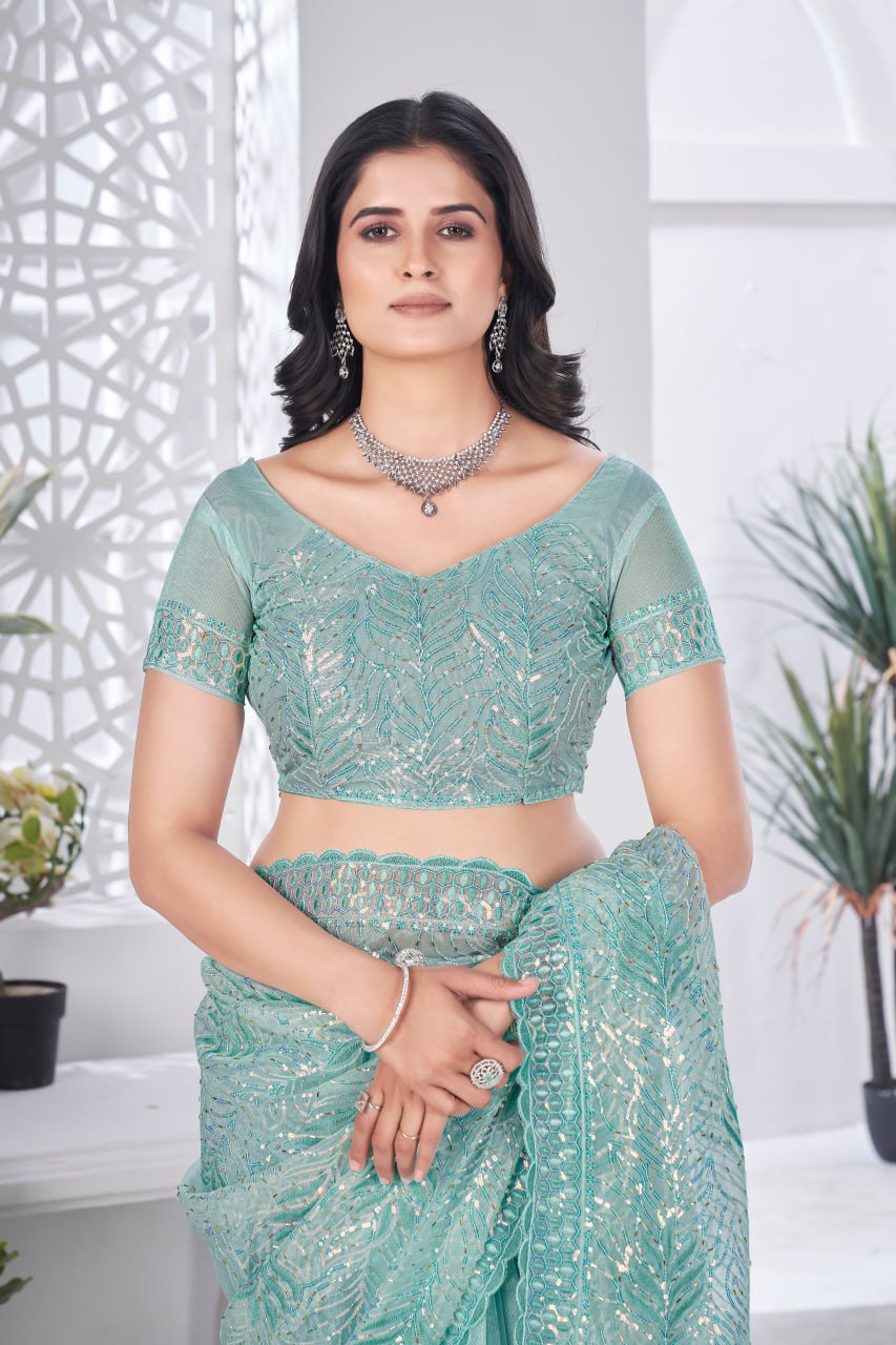 Designer Pista Colour Party Wear Tissue Net Saree