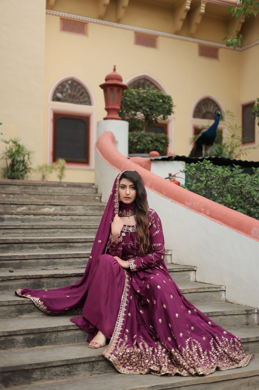 Wine Designer Readymade Top-sharara-dupatta