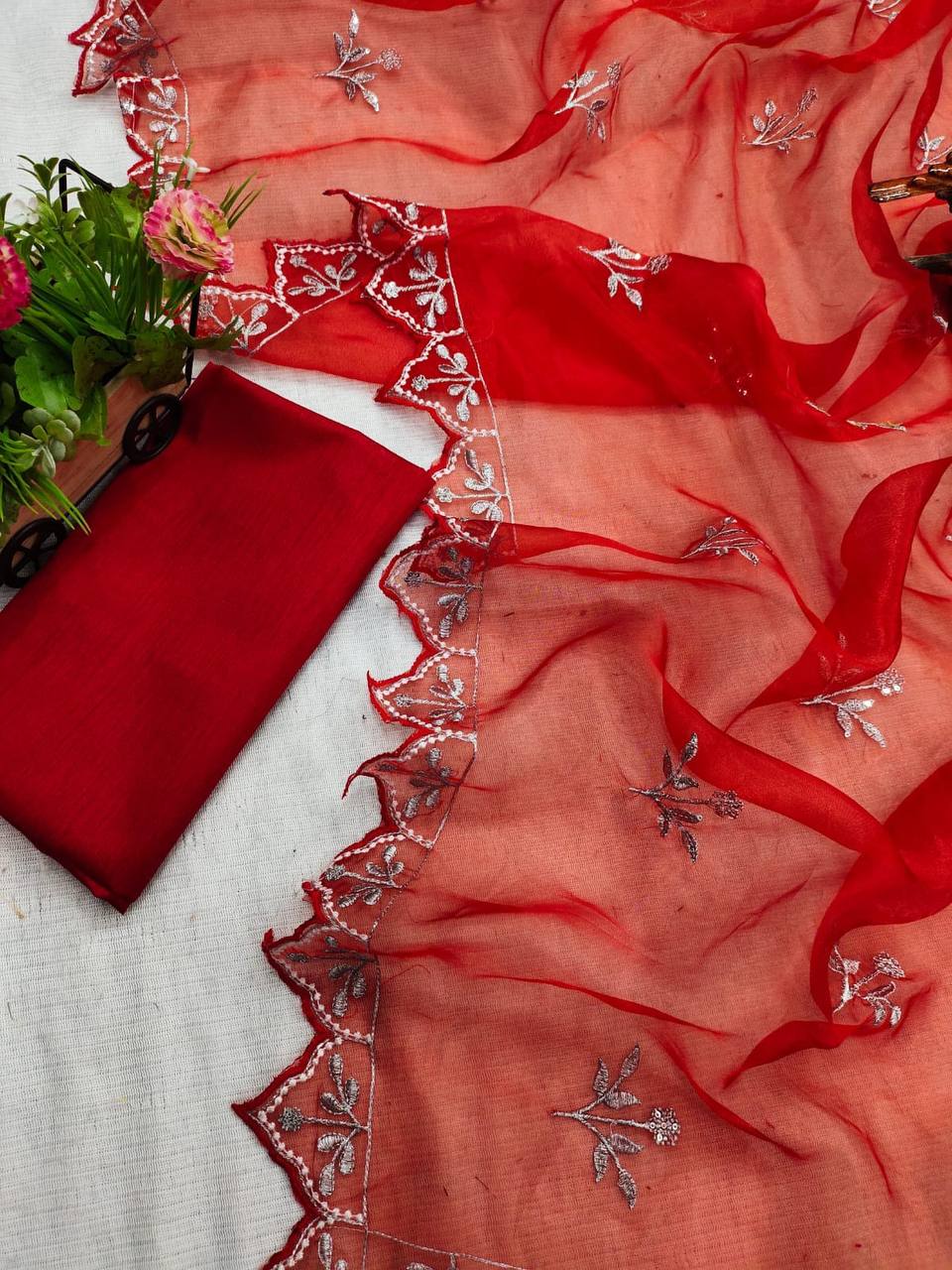 Designer Red Organza Silk Saree