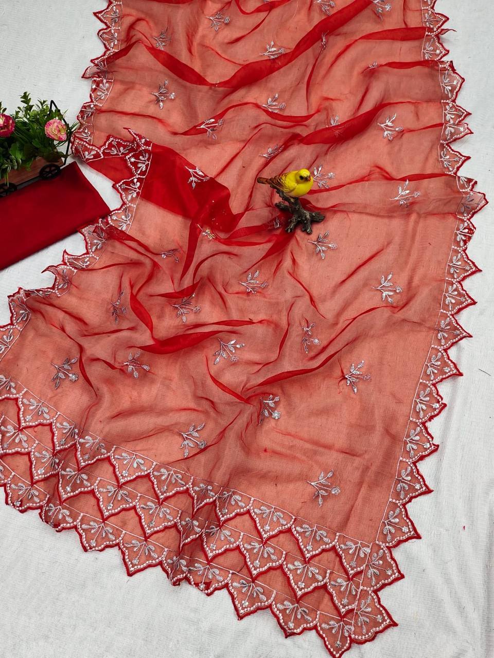 Designer Red Organza Silk Saree