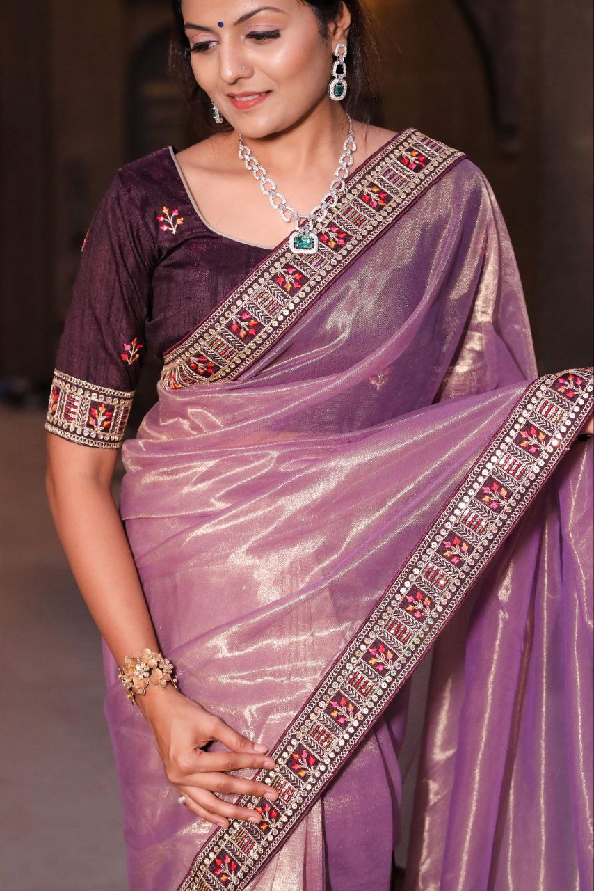 Purple Designer Tissue Zari Silk Saree