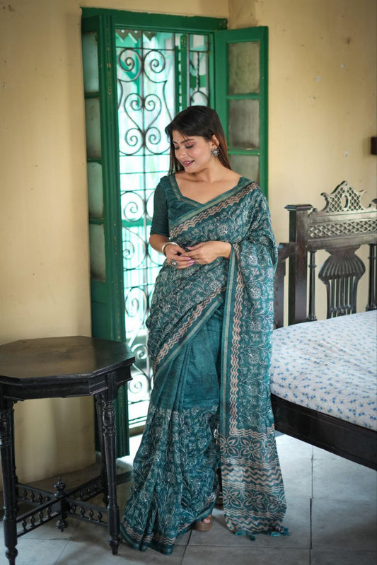 Teal Green Designer Tussar Silk Saree