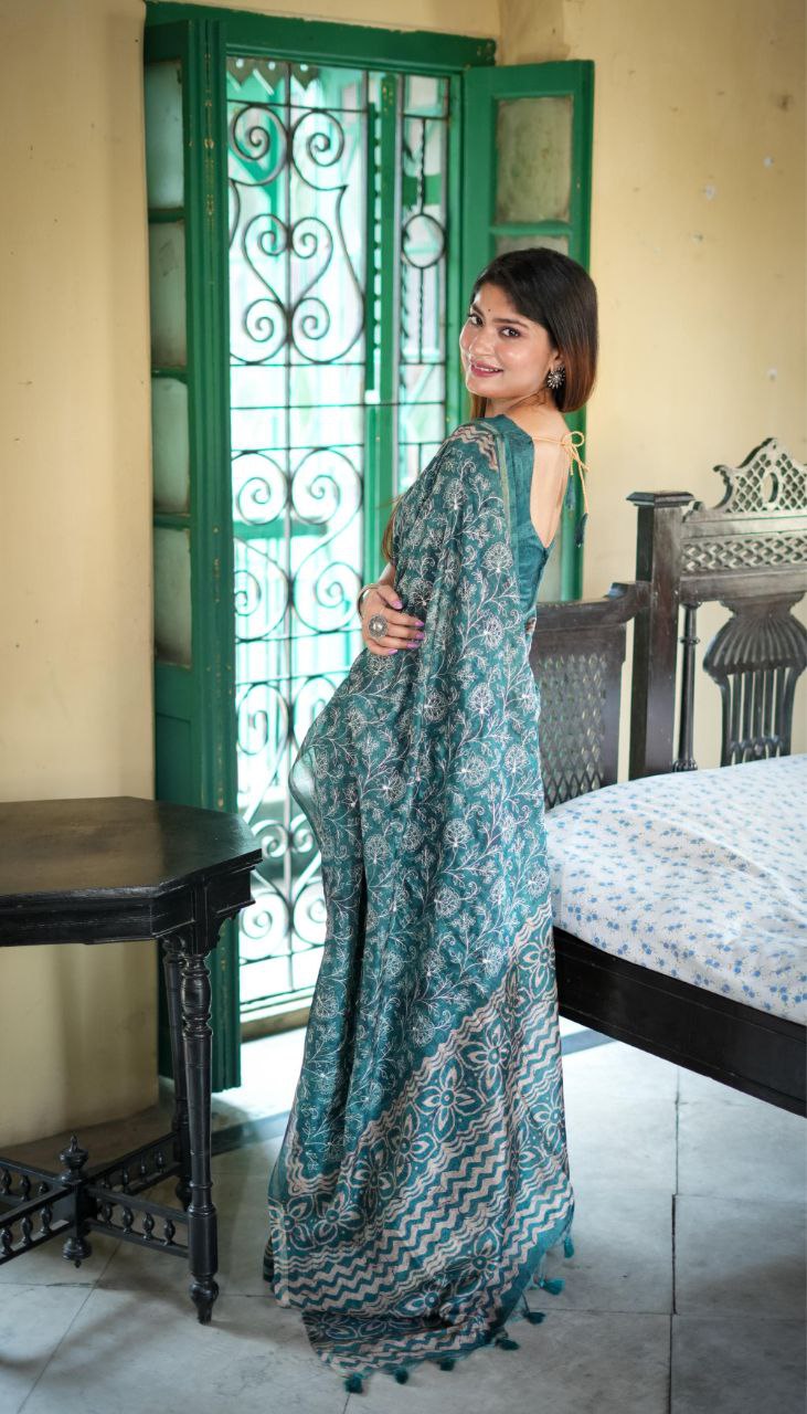 Teal Green Designer Tussar Silk Saree