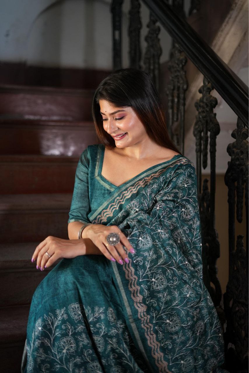 Teal Green Designer Tussar Silk Saree