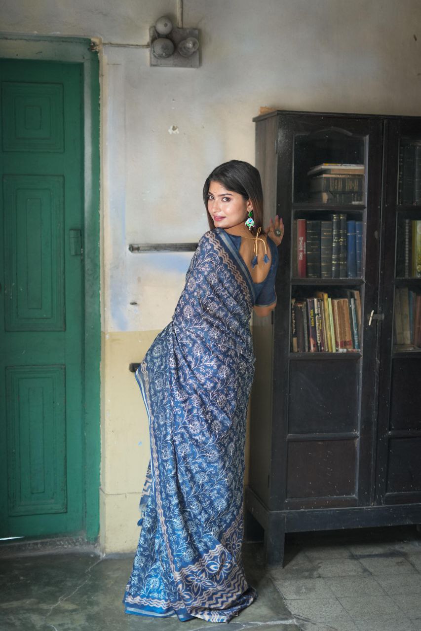 Teal Blue Designer Tussar Silk Saree