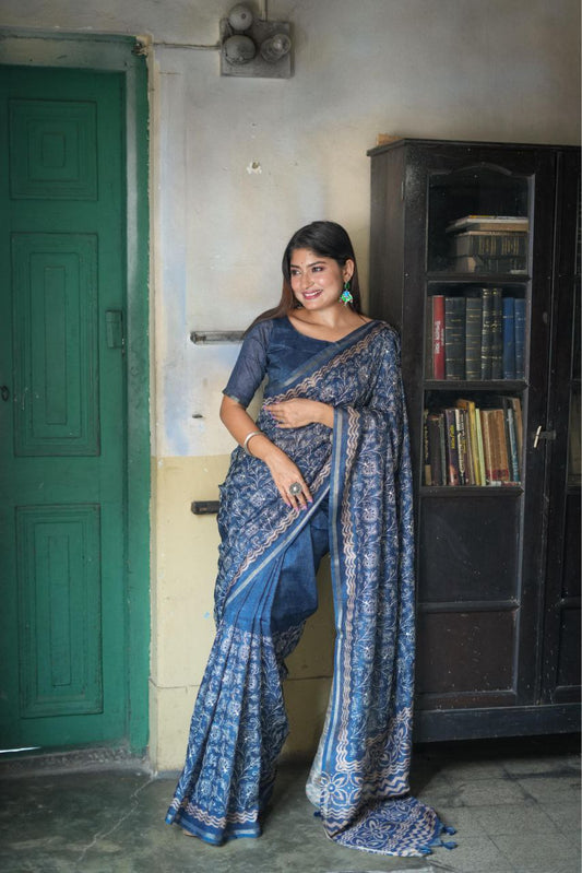 Teal Blue Designer Tussar Silk Saree