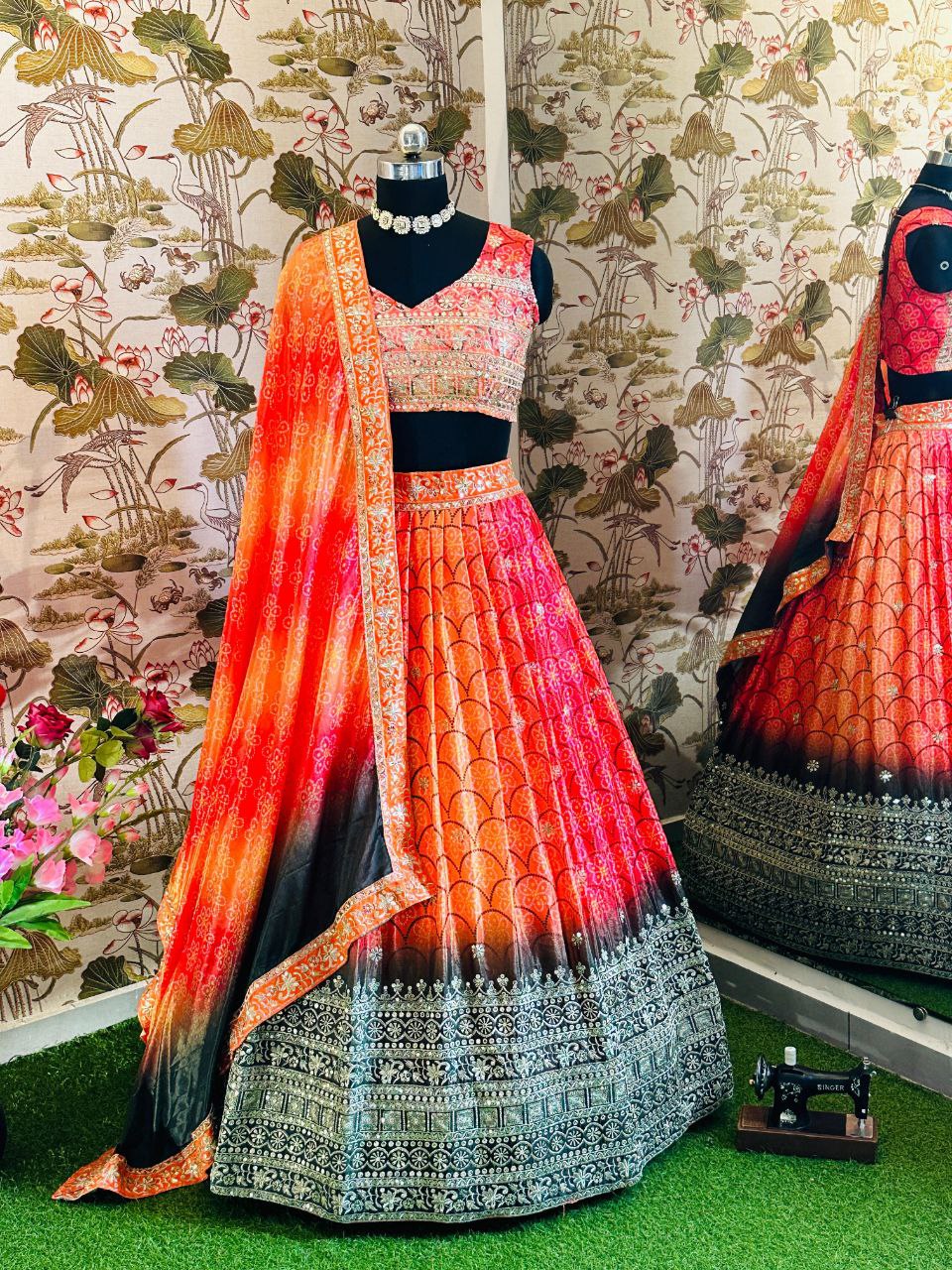 Designer Wedding Wear Chinon Silk Lehenga