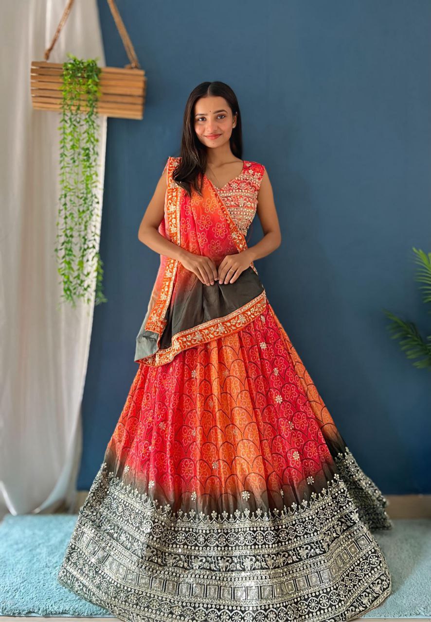 Designer Wedding Wear Chinon Silk Lehenga