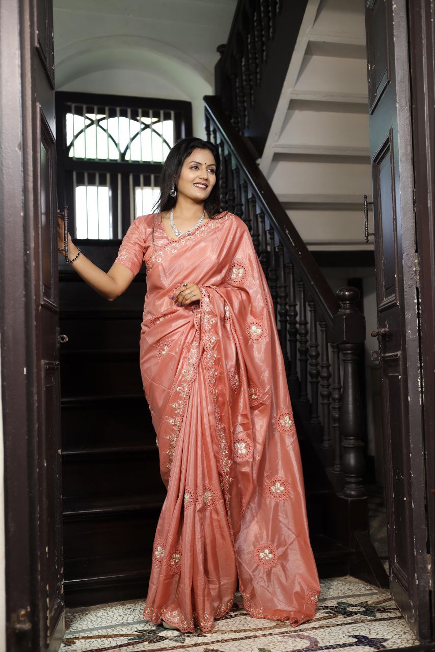 Peach Designer Wedding Wear Silk Saree