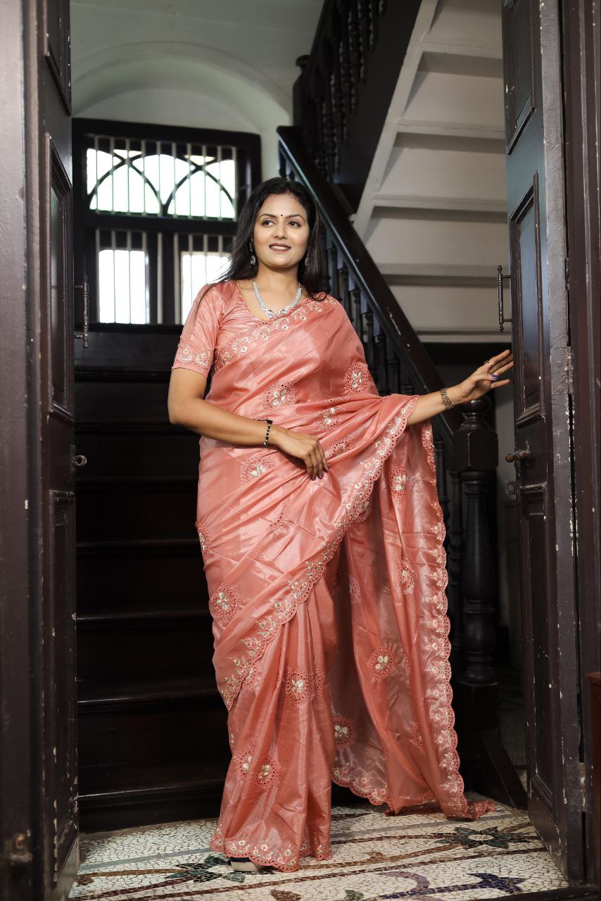 Peach Designer Wedding Wear Silk Saree