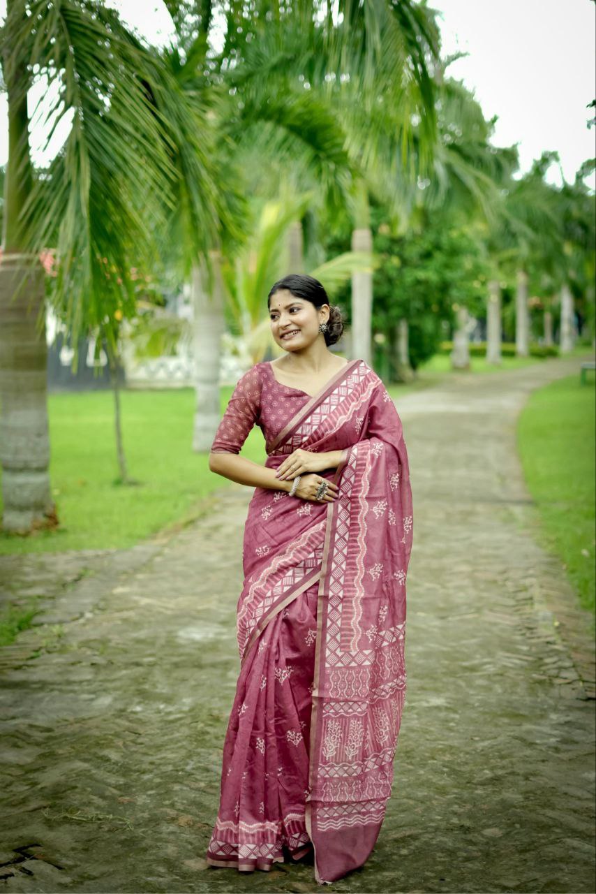 Digital Block Printed Cotton Saree