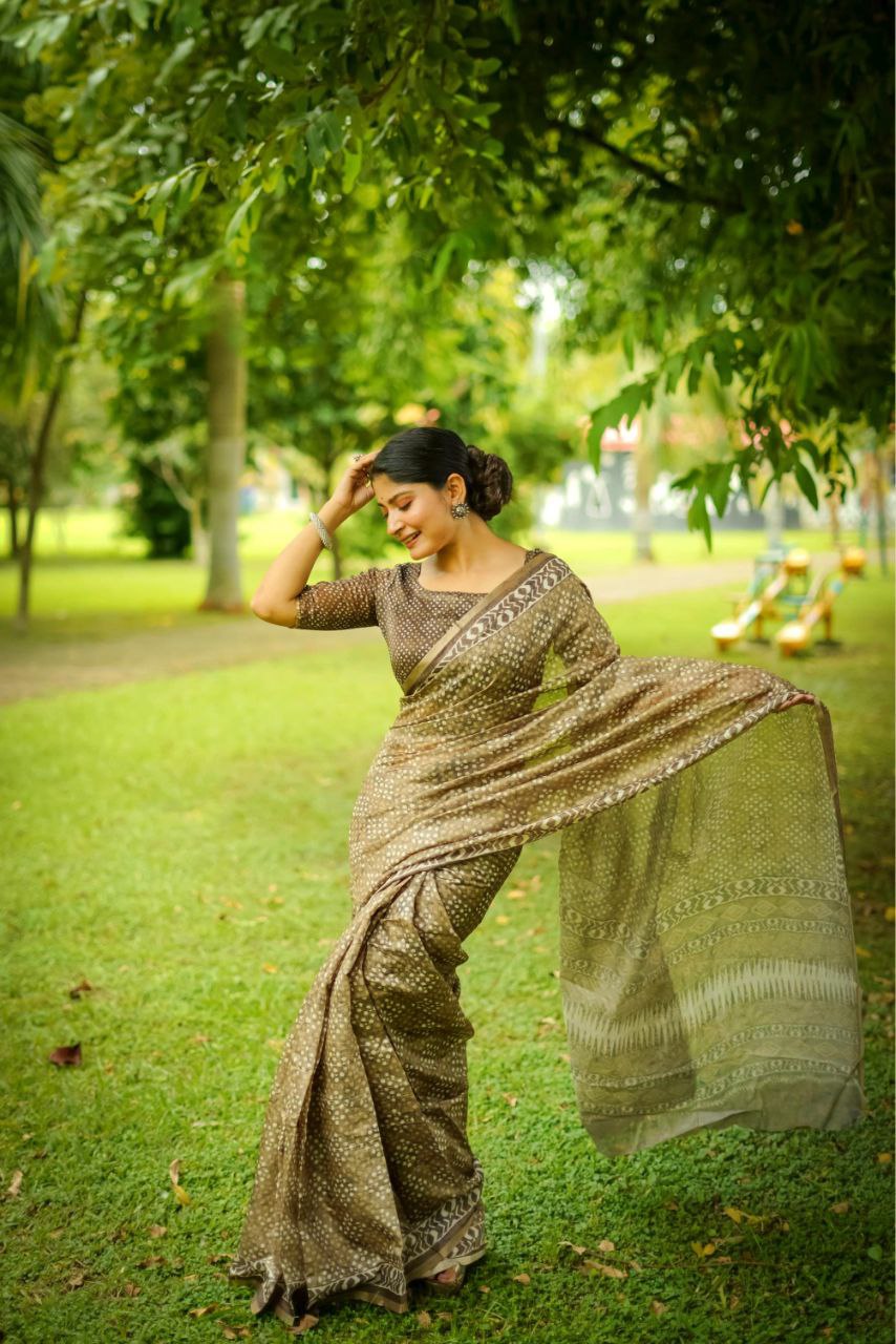 Digital Block Printed Cotton Saree