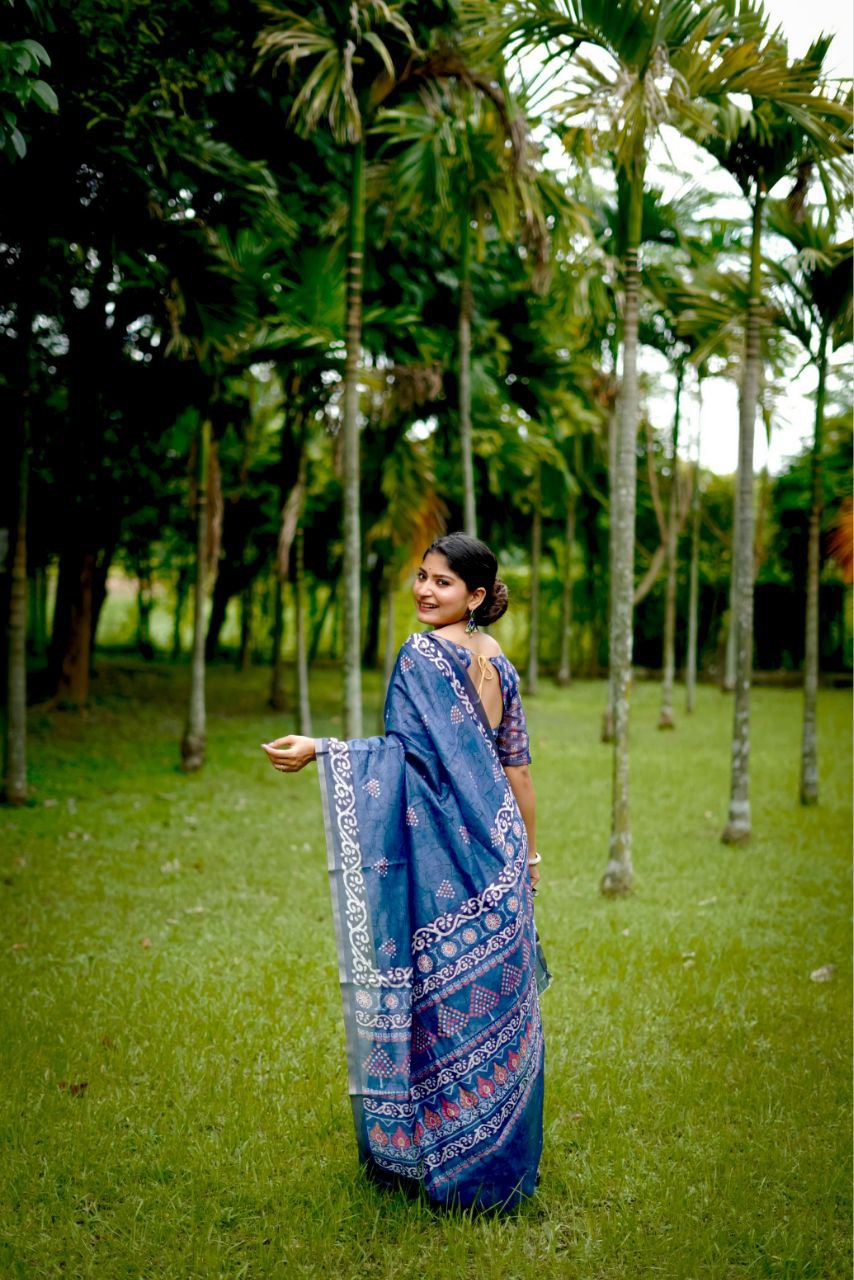 Digital Block Printed Cotton Saree