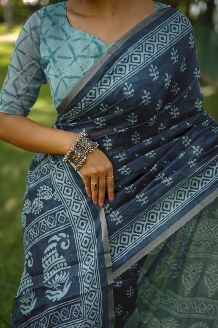 Digital Block Printed Cotton Saree