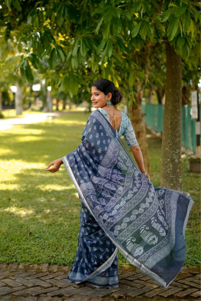 Digital Block Printed Cotton Saree