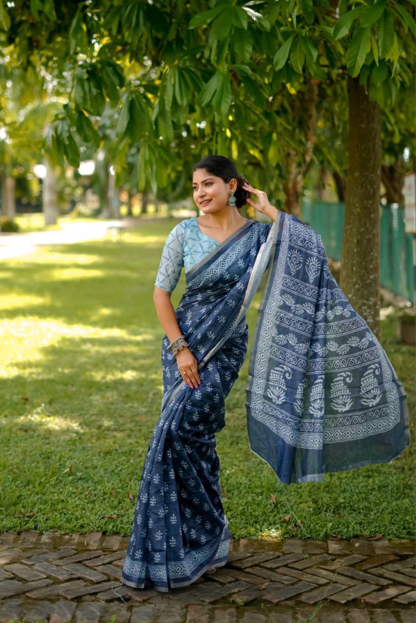 Digital Block Printed Cotton Saree