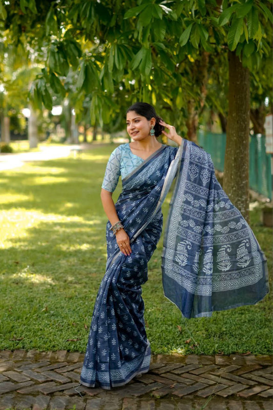 Digital Block Printed Cotton Saree