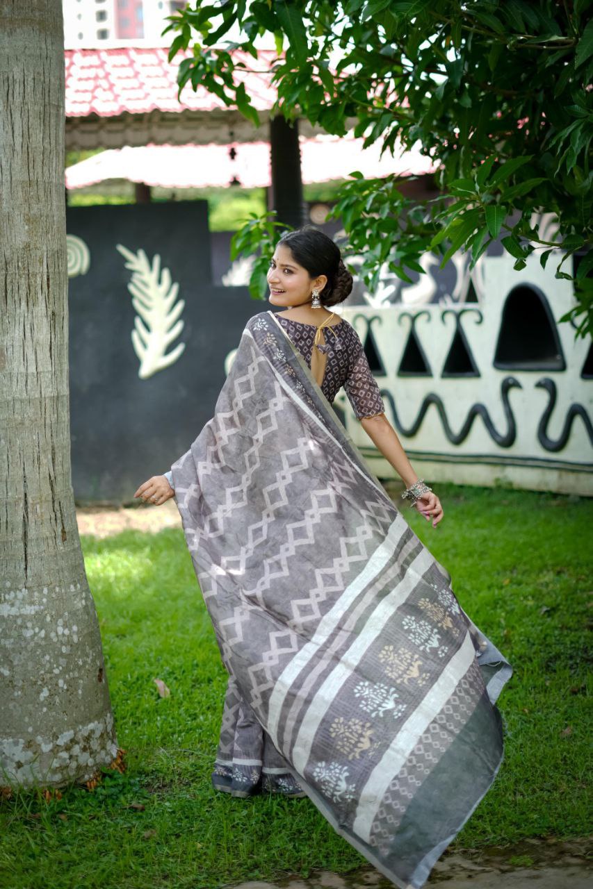 Digital Block Printed Cotton Saree