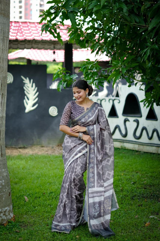 Digital Block Printed Cotton Saree