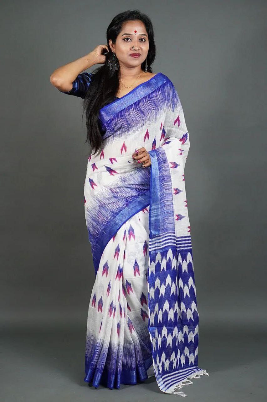 Blue Digital Formal Printed Linen Saree